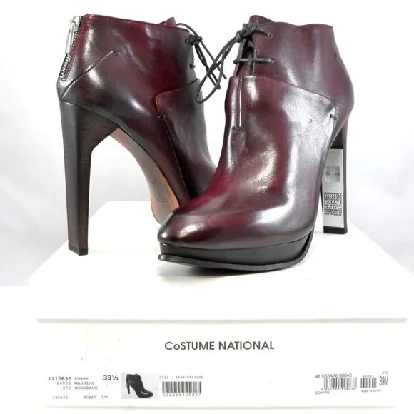 NIB$995 CoSTUME NATIONAL LACED LEATHER ANKLE BOOTS PLATFORM BACK ZIP HEELS 39.5
